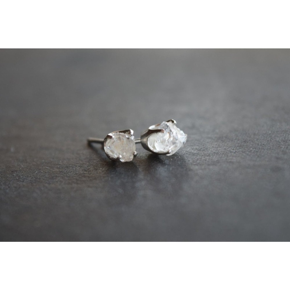 Sterling silver stud earrings, alternative diamond, uncut natural gemsto…